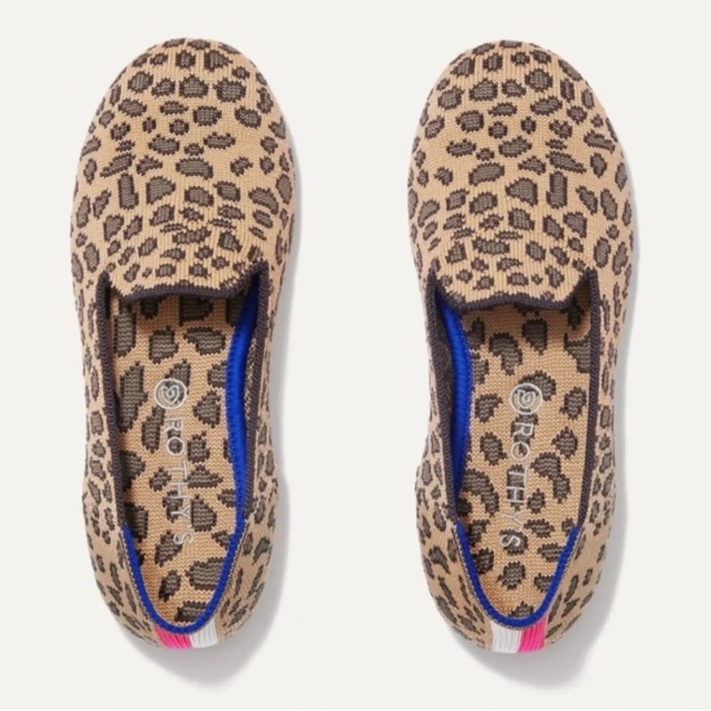 Rothy's Leopard Patterned Slip-Ons with Blue and Pink Accents - Picture 1 of 13